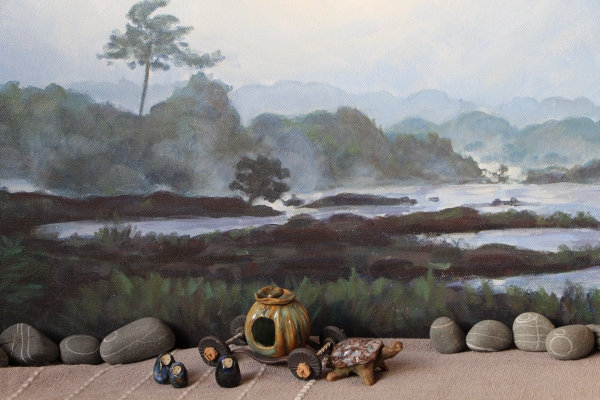 Scène de nos provinces - La diligence fait halte avant le passage du gué Personnages, carosse et tortue en grès émaillé. Cailloux ramassés à Petite Vallée. Peinture : Bertrand Gignoux